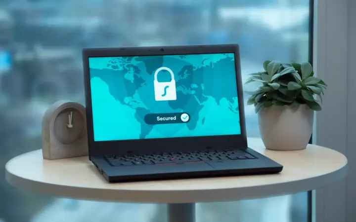 Ordinateur portable affichant un cadenas de sécurité sur une table de bureau