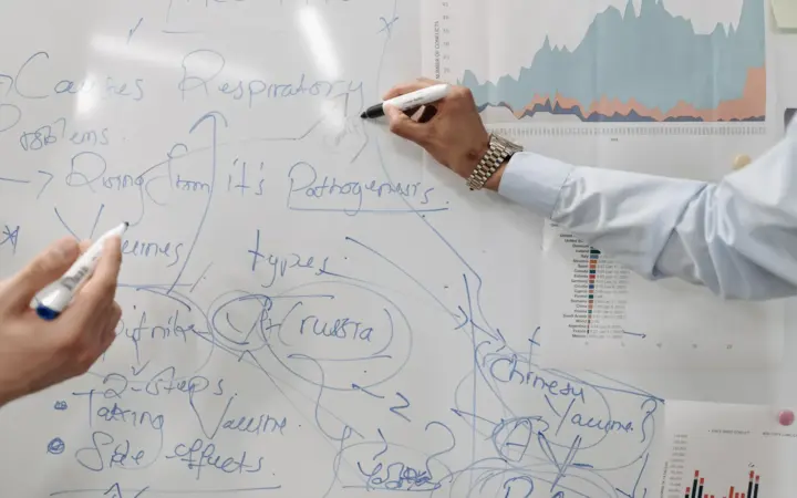 Équipe dessinant un flux de travail et des graphiques sur un tableau blanc